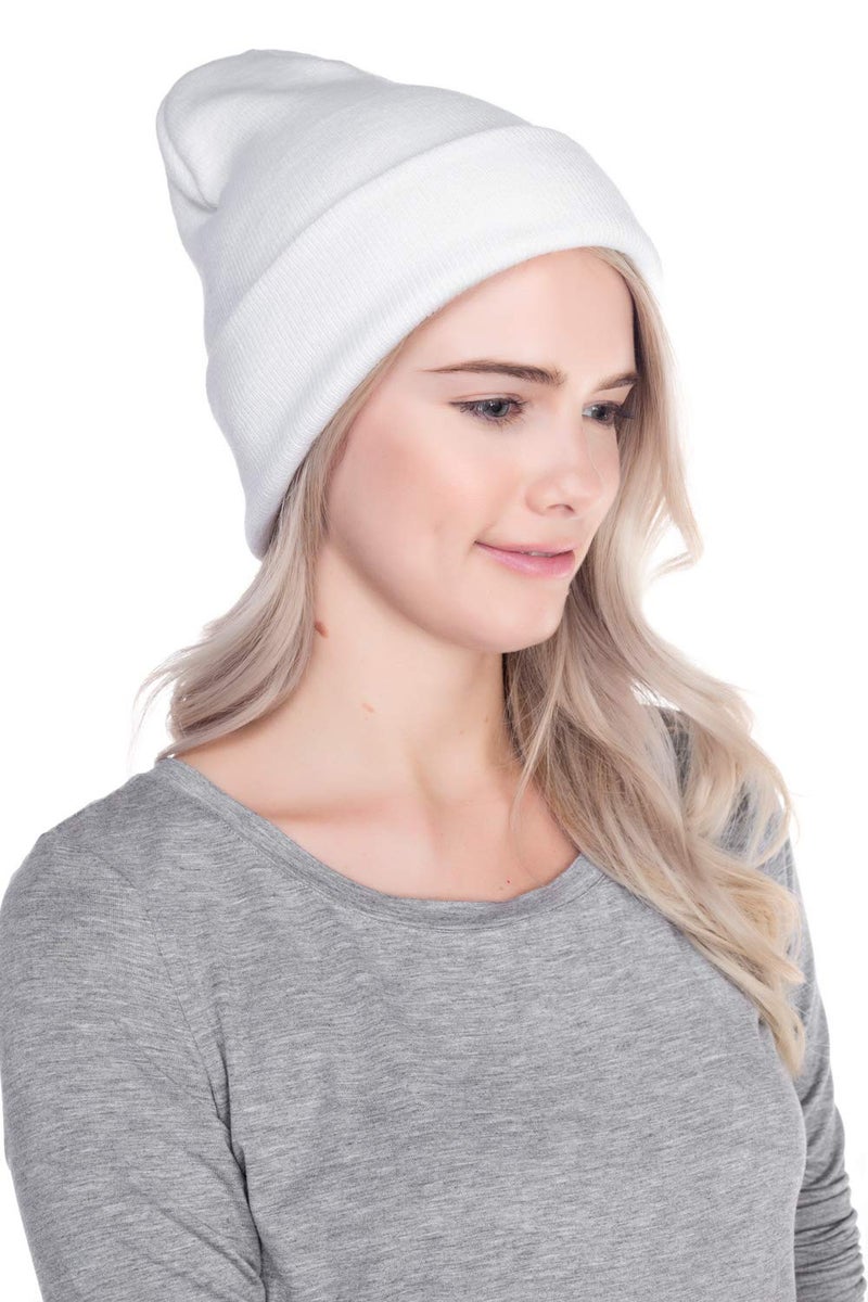 Top Level Beanie Men Women - Unisex Cuffed Plain Skull Knit Hat Cap, White - Image 3